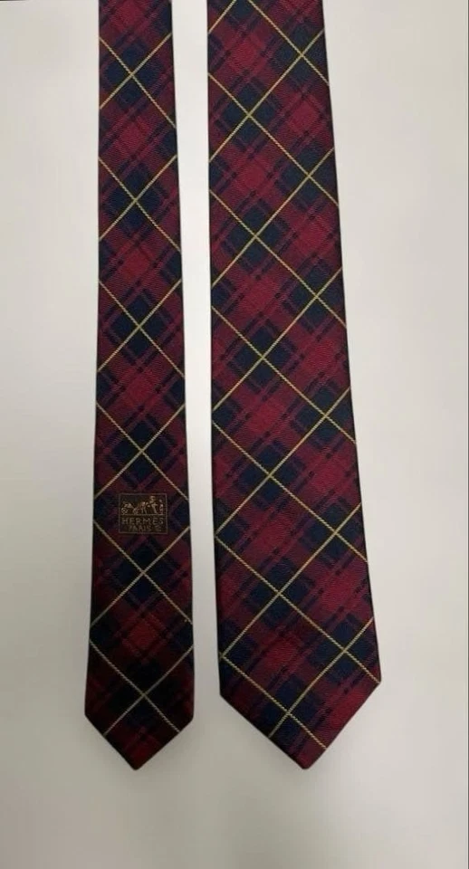 HERMES New Unused Neck Tie Skinny Red Navy Check 100%Silk Box Made in France - Image 4 of 4