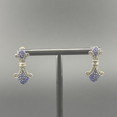 ALX 925 Thai Sterling Silver Marcasite Blue Stone Fleur De Lis Earrings
