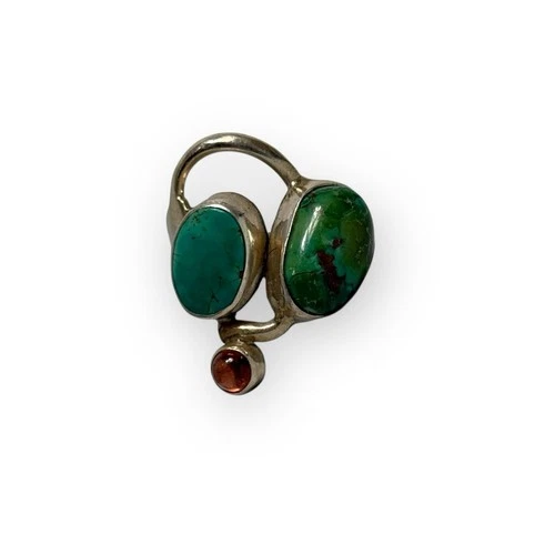 Vintage Artisan Multi Stone Ring 925 Silver Turquoise & Garnet Modernist sz 9.25
