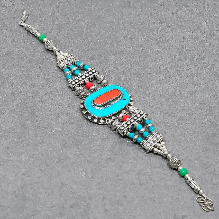 Pulsera de piedras preciosas turquesa coral rojo plata tibetana joyería nepalí 8" NBB 3217 Foto 2 de 4