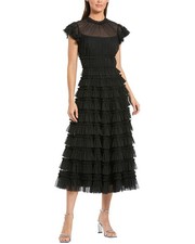 Mac Duggal Mesh Micro Ruffle High Neck Cap Sleeve Midi Dress Women's