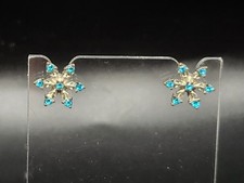 0202 - Blue Rhinestone Snowflake Stud Earrings Silver Tone Winter Holiday