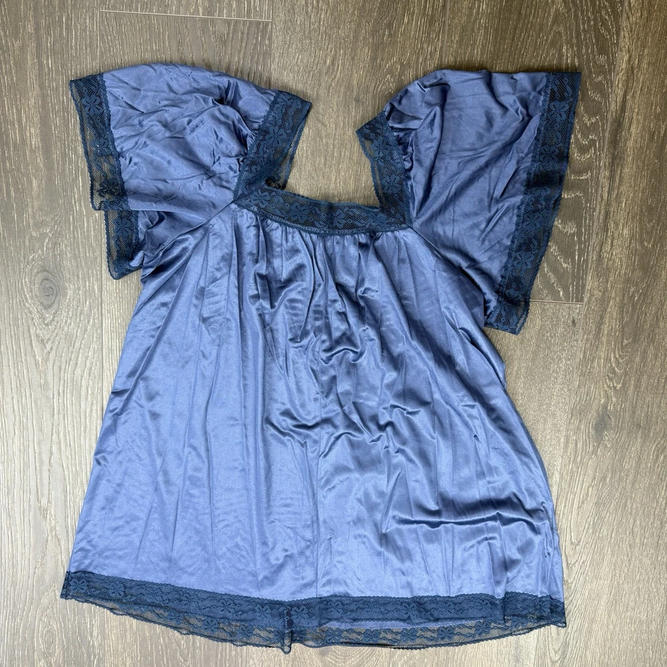 Vtg Gossard Artemis Navy Short Lingerie Nightgown Lace Teal Trim Sz Large - Image 3 of 3