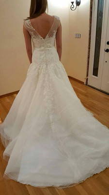 White Lace & Tulle Ball Gown Wedding Dress V-Neck Cap Sleeves Button Train