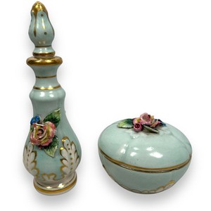 Vintage Limoges Majolica Vanity Perfume Decanter & Powder Box Set of 2 Porcelain