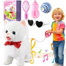 White Leash Walking Cat Set Toy Interactive Talking 10.2 inches,