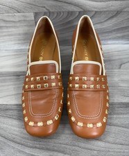 TORY BURCH HEELED LOAFER AMBRA DULCE DE LECHE LEATHER STUDDED SHOES 8 1/2 - TAN