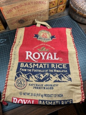 Vintage Royal Basmati Rice Burlap Bag Tote w Handles & Zipper Farmhouse Decor