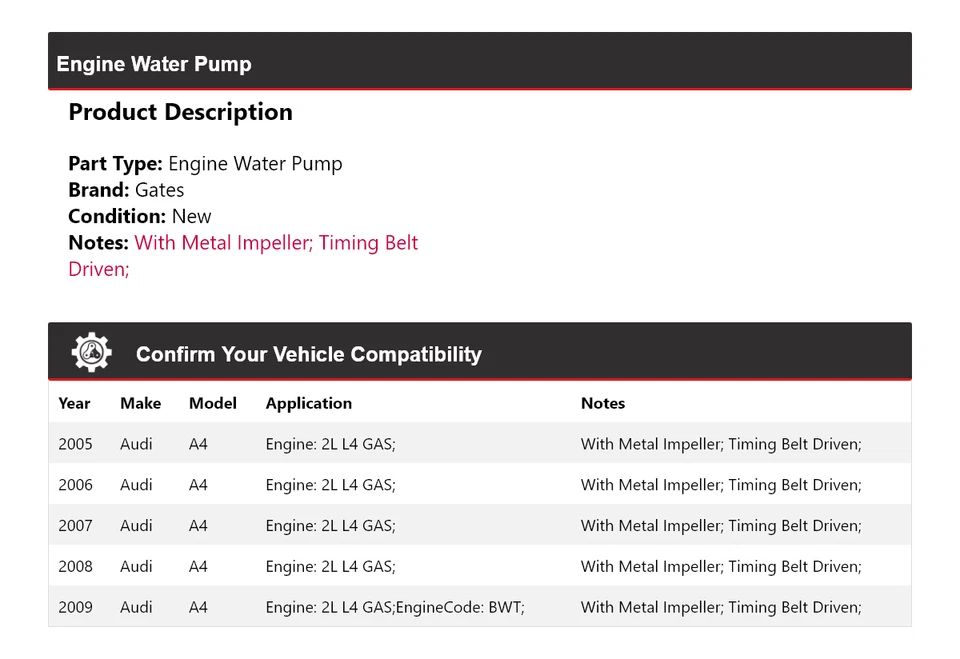 Para Audi A4 2005-2009 2L L4 Motor Gas Bomba Agua Puertas 2006 2007 2008 Foto 2 de 4
