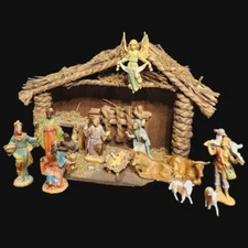 Vtg Christmas Nativity Set Holiday Trim 12 Figurines Holiday Decor Wooden Stable