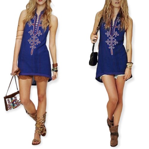 Anthro Free People New Romantics Blue Embroidered Tassel Tunic Top Size XS Boho - Picture 4 of 12