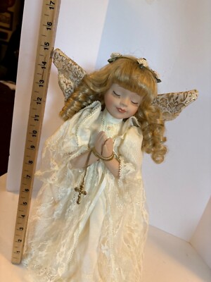 Gorgeous praying Christian cross 16” angel doll w stand porcelain