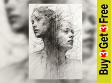 Abstract Faces Sketch Print - 5" x 7" Contemporary Portrait Art Decor