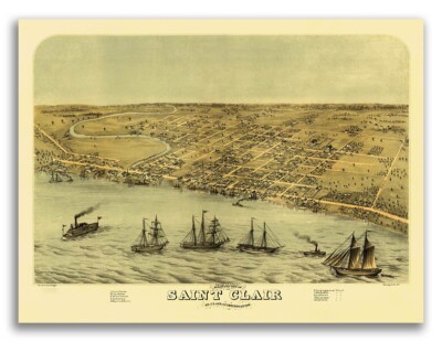 1868 Saint Clair Michigan Vintage Old Panoramic City Map - 20x28