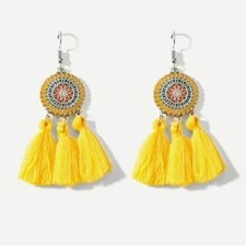 Tassel Drop Earrings Bohemian Dangle Sunflower Yellow Fashion Whimsy Fairy