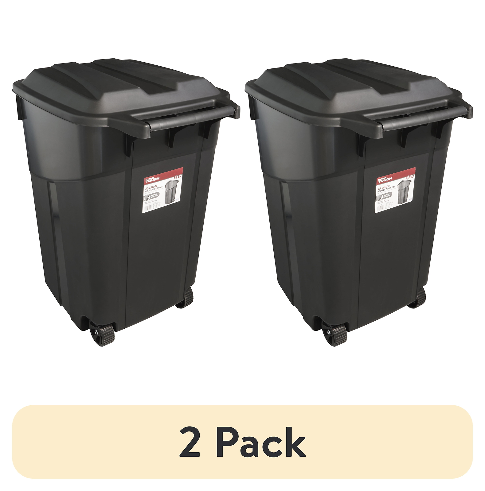 (2 pack) 45Gallon Wheeled Heavy Duty Plastic Garbage Can, Attached Lid