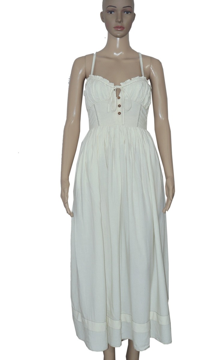 UO Cora Linen Open Back Midi Dress Urban Outfitters Ivory Adjustable Tie New L UO Cora Linen Open Back Midi Dress Urban Outfitters Ivory Adjustable Tie New L