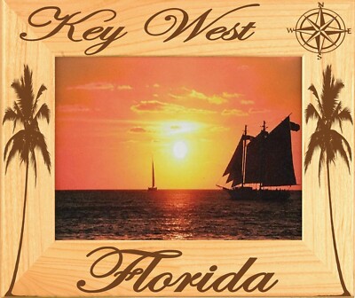 Key West Florida With Compass Laser Engraved Wood Picture Frame Landscape 3x5