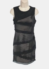 Calvin Klein Women Sz 2 Black Striped Beige Sheath Mini Dress Crew Neck Pullover