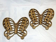 Vintage 1977 Burwood Wall Hanging Art Decor Plastic Gold Butterflies Set Of 2