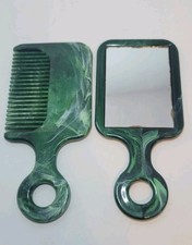 Vintage Centro Plastic Made in USA Green Swirl Comb and Mirror Set