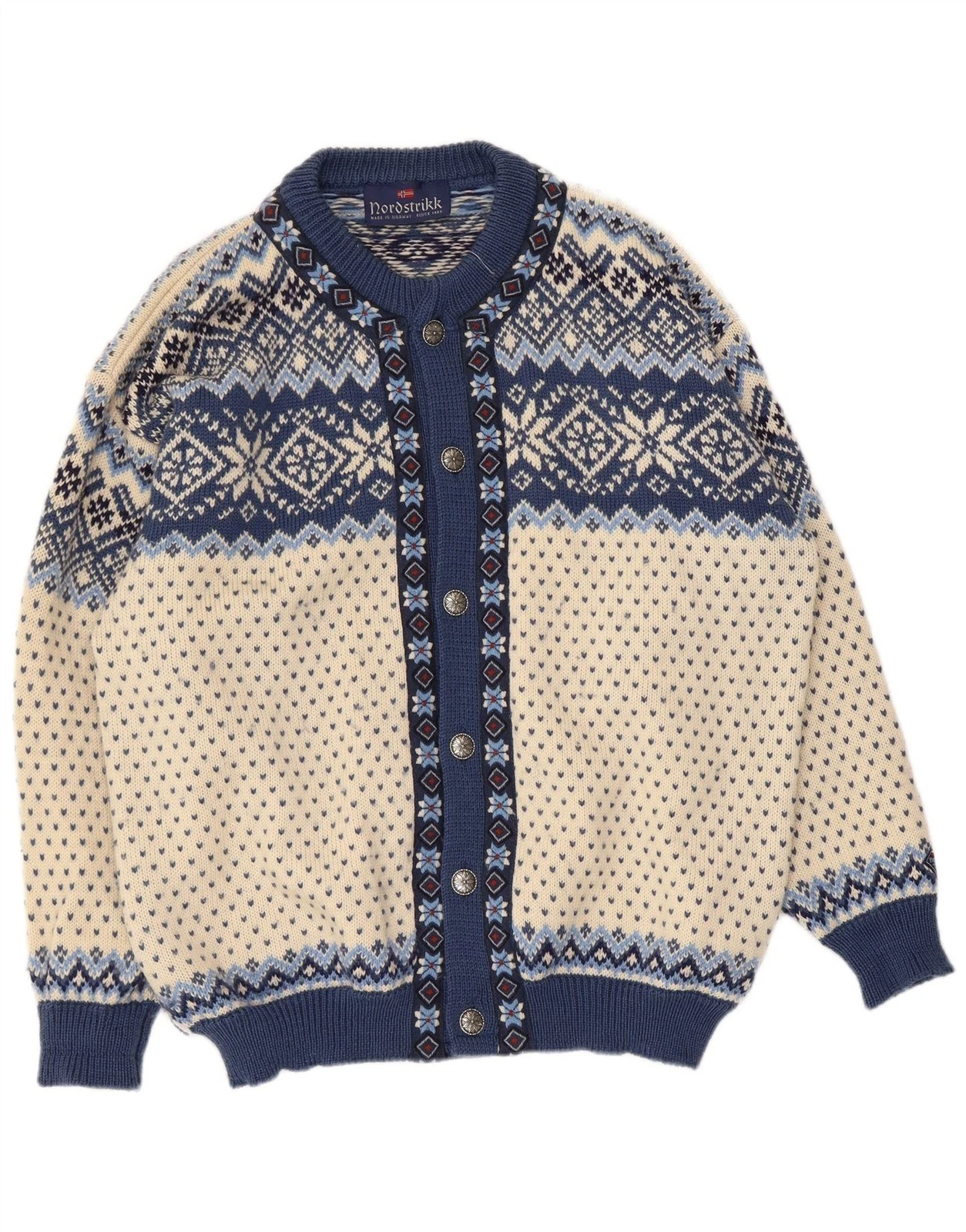 Nordstrikk Mens Cardigan Sweater Large Blue Fair Isle Virgin Wool BI37
Opens in a new window or tab