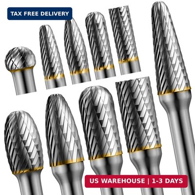 10pcs Die Grinder Bits w/ 1/4'' Shank, Tungsten Carbide Burr Set for Metal Steel