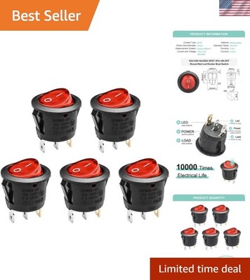 On/Off 3-Pin 2-Position Snap 10A/125V, 6A/250V Red LED Round Boat Rocker Swit...