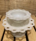 2 Vintage White Milk Glass Candy Dishes Lace Edge Pedestal Compote