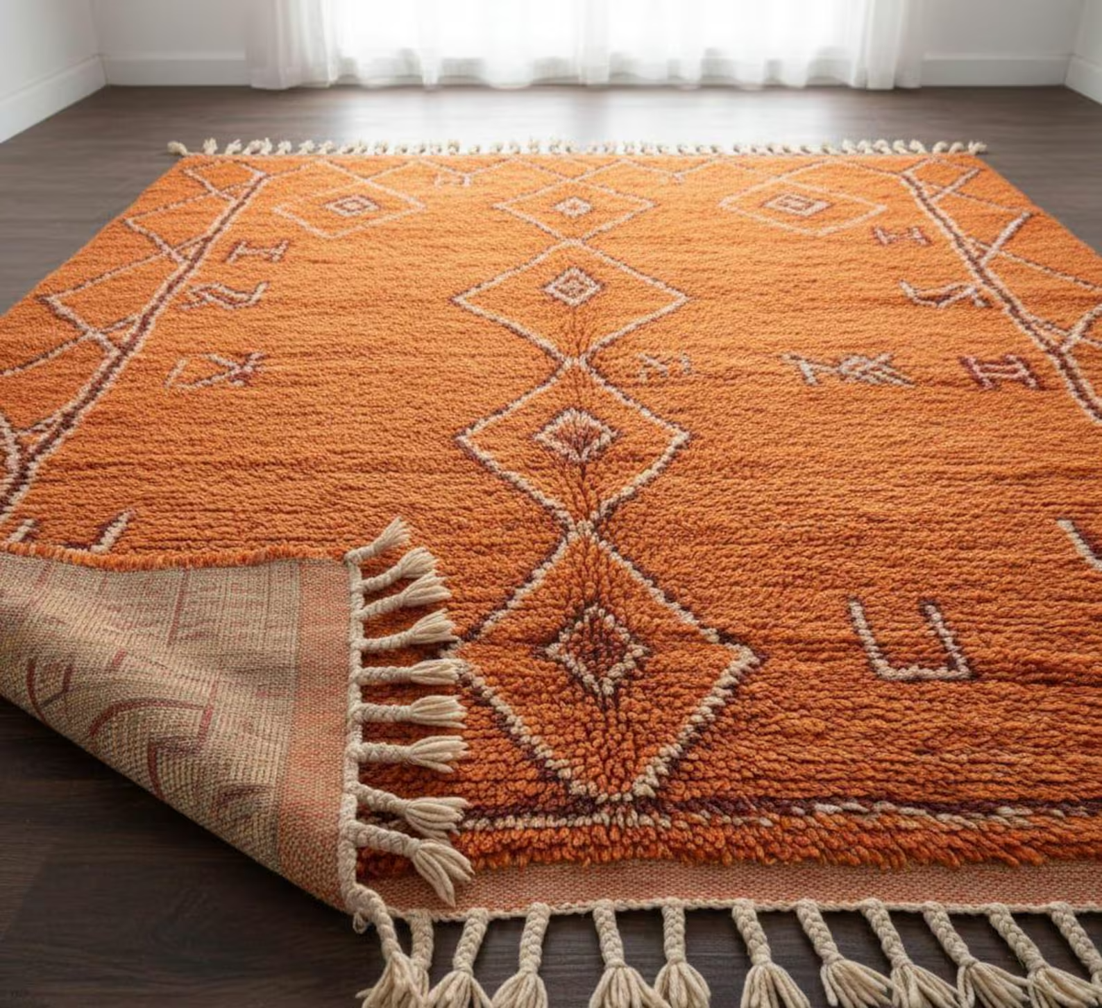 Hand Knotted Orange Moroccan Wool Rug: Tribal Diamond Berber Carpet