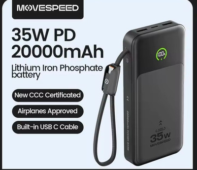MOVESPEED Powerbank 20000mAh 35W PD schwarz mit USB-C-Kabel & Digitalanzeige