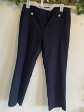 Anne Klein Women's Navy Solid Dress Pants Flat Front Gold Button Accents Size 8