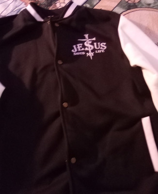 &Jacket Men s 2XL Black/White Varsity Jacket Snap-Front Team Jesus Pockets
