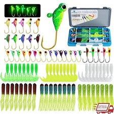 Complete Ice Fishing Jigs Kit Glow Lures 78pcs Soft Baits Panfish Crappie Perch