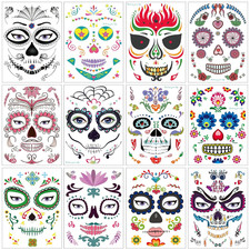 12Pack Day of the Dead Sugar Skull Face Temporary Tattoo Halloween Makeup Tattoo