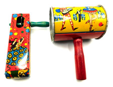 Vintage Tin Noisemakers Dancer New Year's Eve MCM Parties Wooden Handles