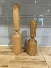 Crate & Barrel Asker Set of 2 Wood Candlesticks Candle Holders