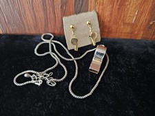 Vtg Silver Tone Whistle Charm Pendant Necklace Works Gold Tone Pierced Eearings