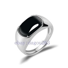 Certified natural A-grade black jadeite Egg saddle 925 silver inlaid ring