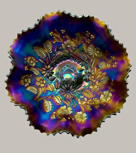 Antique Northwood Carnival Glass Good Luck Ruffled Bowl Amethyst 9 in [1764]