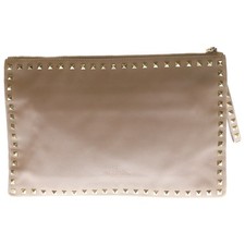 VALENTINO Valentino Rockstud Clutch Bag Second Bag Pouch Beige Leather Gold Hard