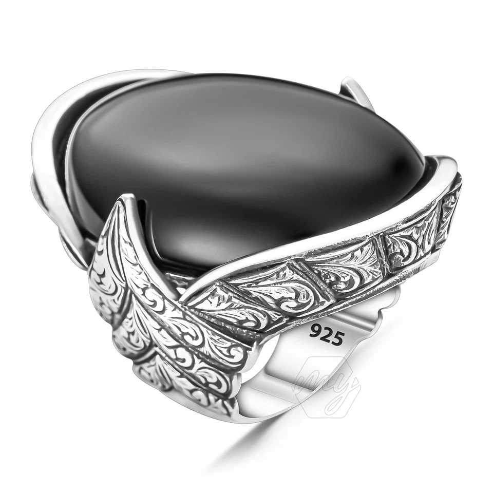 925 Sterling Silver Onyx Stone Engraved Design Turkish Handmade Huge Men's Ring - Image 3 of 4