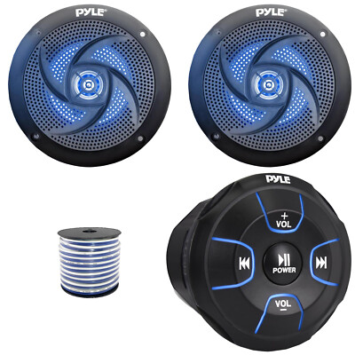 Pyle PLMRBT18 Bluetooth Marine Controller, 2x 4'' 100W Max 2-Way LED Speakers