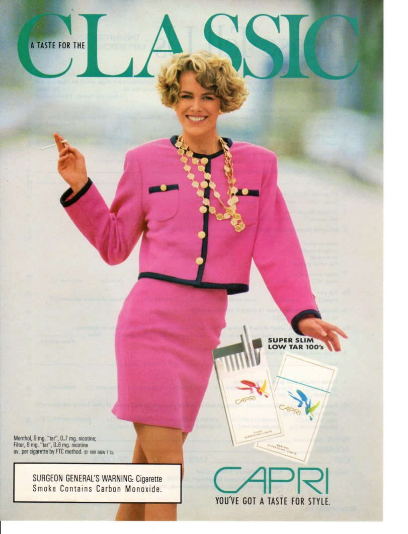 pink capris cigarettes Vintage print ad Tobacco Cigarettes CAPRI A Taste for the Classic Fashion  1991