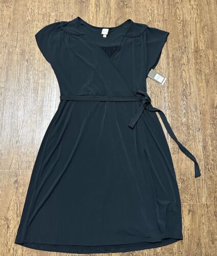 MERONA Women’s XXL Black Faux Wrap Dress V Neck Short Sleeve Knee Length