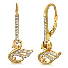 925 Sterling Silver Rose Gold-Tone CZ Swan Bird Drop Dangle Earrings, 1.15"