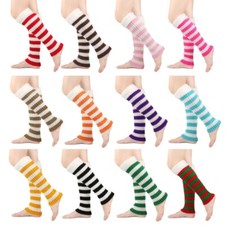Ribbed Knitted Leg Warmers with Furry Plush Cuffs Christmas Striped Leg Covers