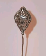 Antique Art Nouveau Woman Hatpin Repousse Sterling Silver Figural Lady Head 3D