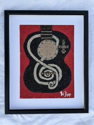 #99 ORIGINAL Jesse Roop Vintage MIXED MEDIA ART Framed 21 X17  Mosaic Guitar Art