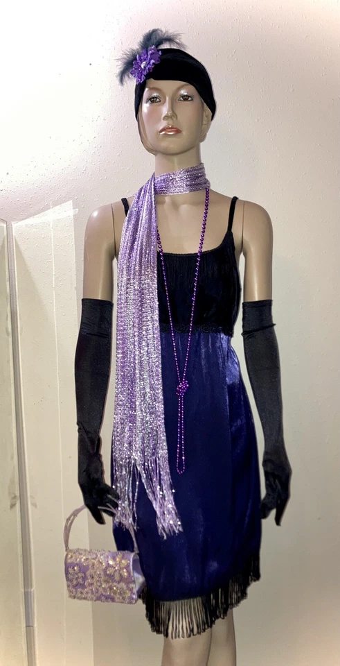 Black Purple 1920s Great Gatsby Flapper Dress Roaring 20s & Accs M - Image 3 of 4